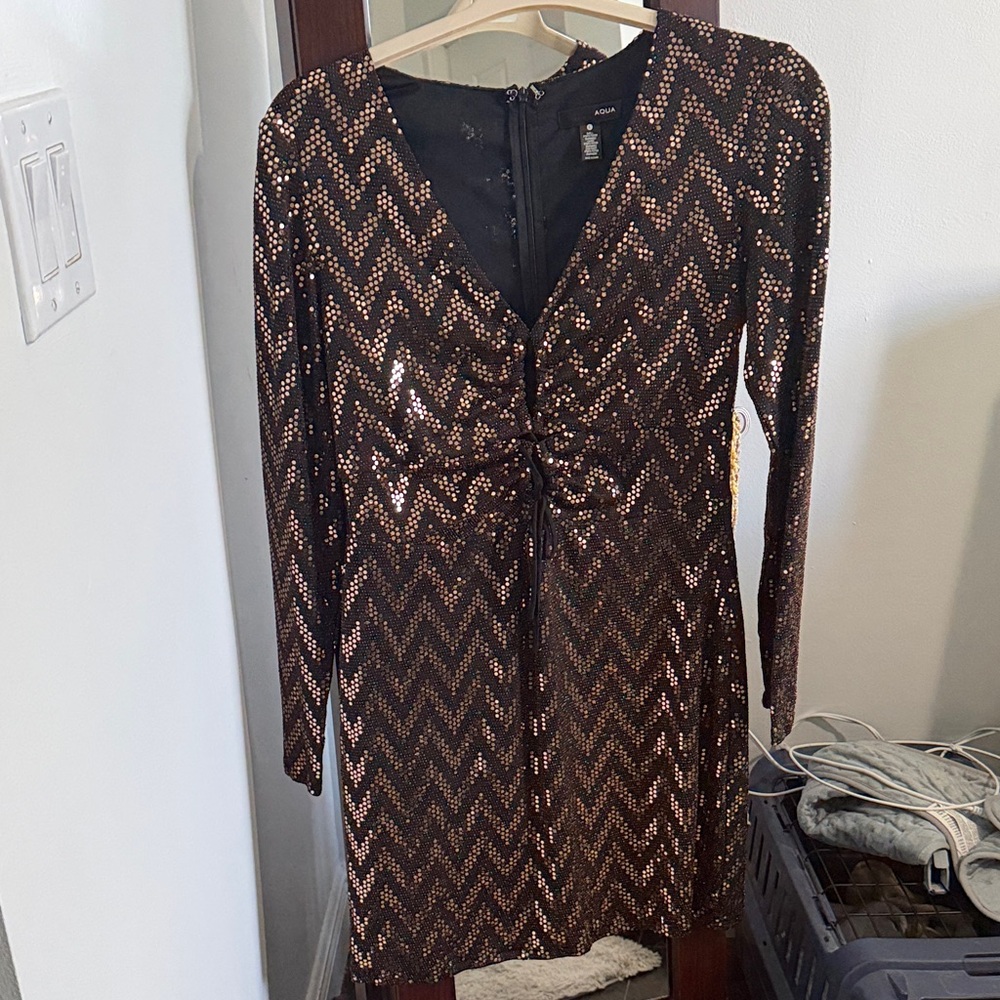 Aqua Black and Gold Sequin Long Sleeve Dress